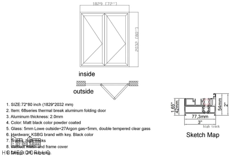 Aluminum Bifold Door 72″Wx80″H – OUT SWING FROM EXTERIOR VIEW Bifold