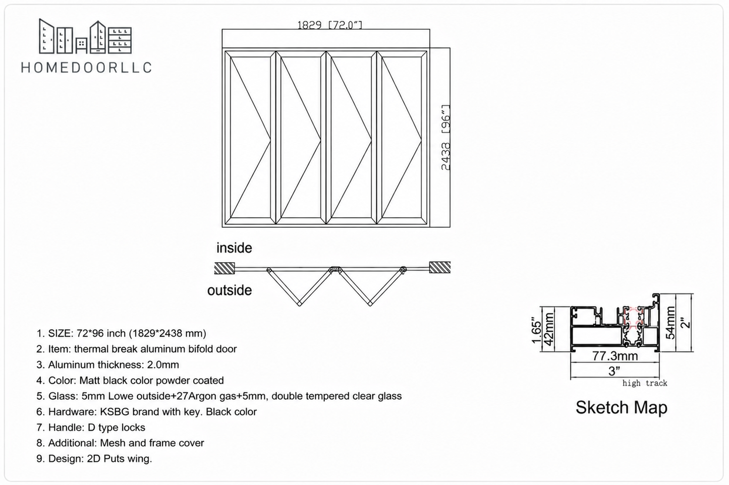 Aluminum Bifold Door 72″Wx96″H – OUT SWING FROM EXTERIOR VIEW