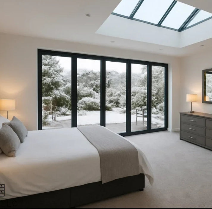 144W x 80H aluminum bifold door out swing exterior view