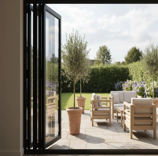 144W x 96H aluminum bifold door out swing exterior view