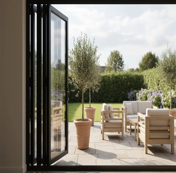 144W x 96H aluminum bifold door out swing exterior view