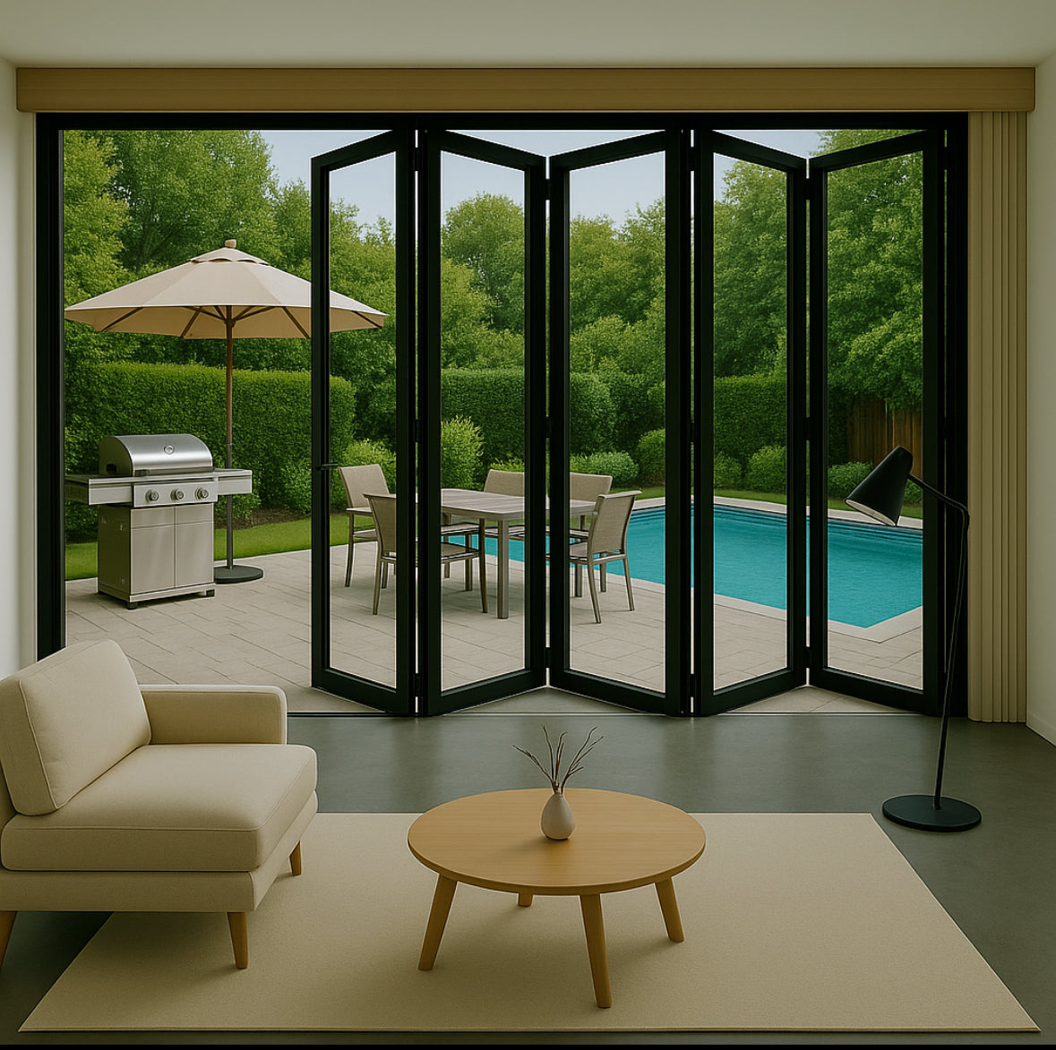 Aluminum Bifold Door 168″Wx96″H – OUT SWING FROM EXTERIOR VIEW