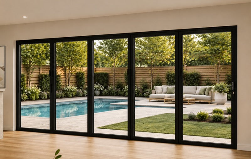 ピアニッシモ Aluminum Bifold Door 144″Wx96″H – OUT SWING FROM EXTERIOR VIEW