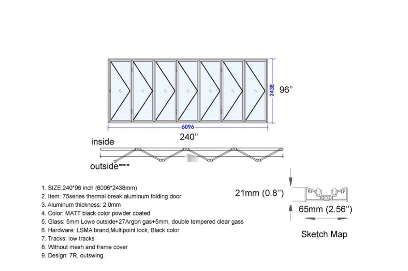 Aluminum Bifold Door 240″Wx96″H – OUT SWING FROM EXTERIOR VIEW