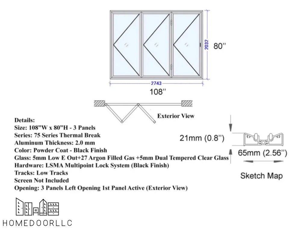 Aluminum Bifold Door 108″Wx80″H – OUT SWING FROM EXTERIOR VIEW Bifold