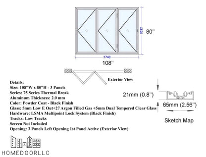 Aluminum Bifold Door 108″Wx80″H – OUT SWING FROM EXTERIOR VIEW Bifold