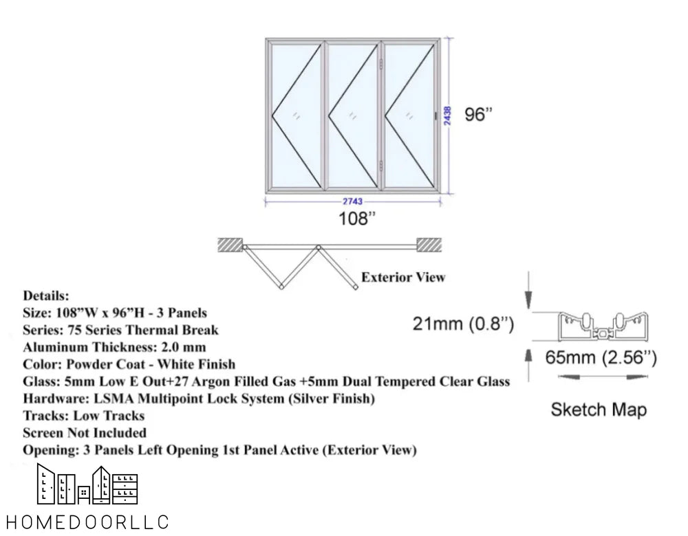 Aluminum Bifold Door 108″Wx96″H – OUT SWING FROM EXTERIOR VIEW Bifold