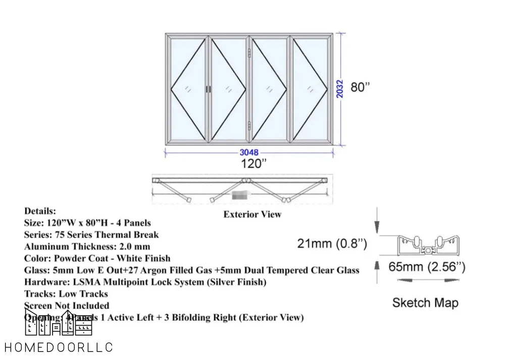 Aluminum Bifold Door 120″Wx80″H – OUT SWING FROM EXTERIOR VIEW Bifold