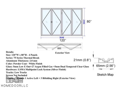 Aluminum Bifold Door 120″Wx80″H – OUT SWING FROM EXTERIOR VIEW Bifold