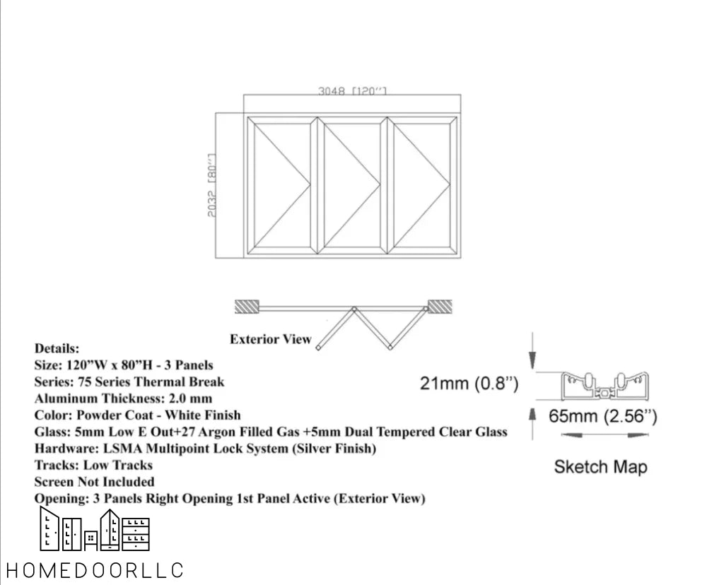 Aluminum Bifold Door 120″Wx80″H – OUT SWING FROM EXTERIOR VIEW Bifold
