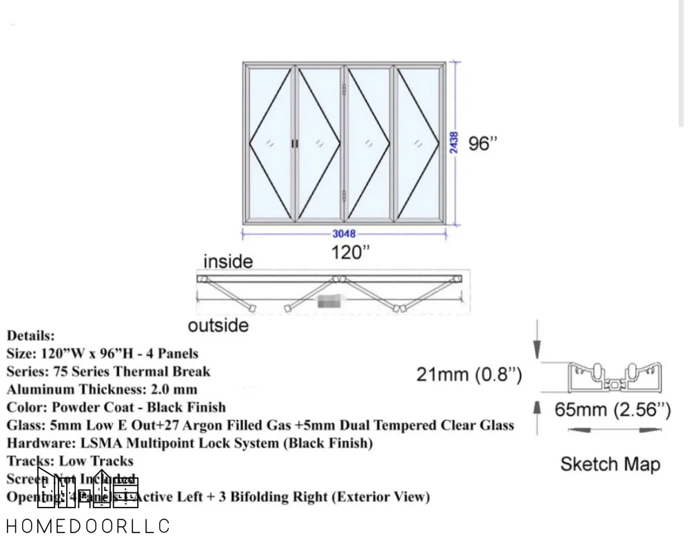 Aluminum Bifold Door 120″Wx96″H – OUT SWING FROM EXTERIOR VIEW Bifold