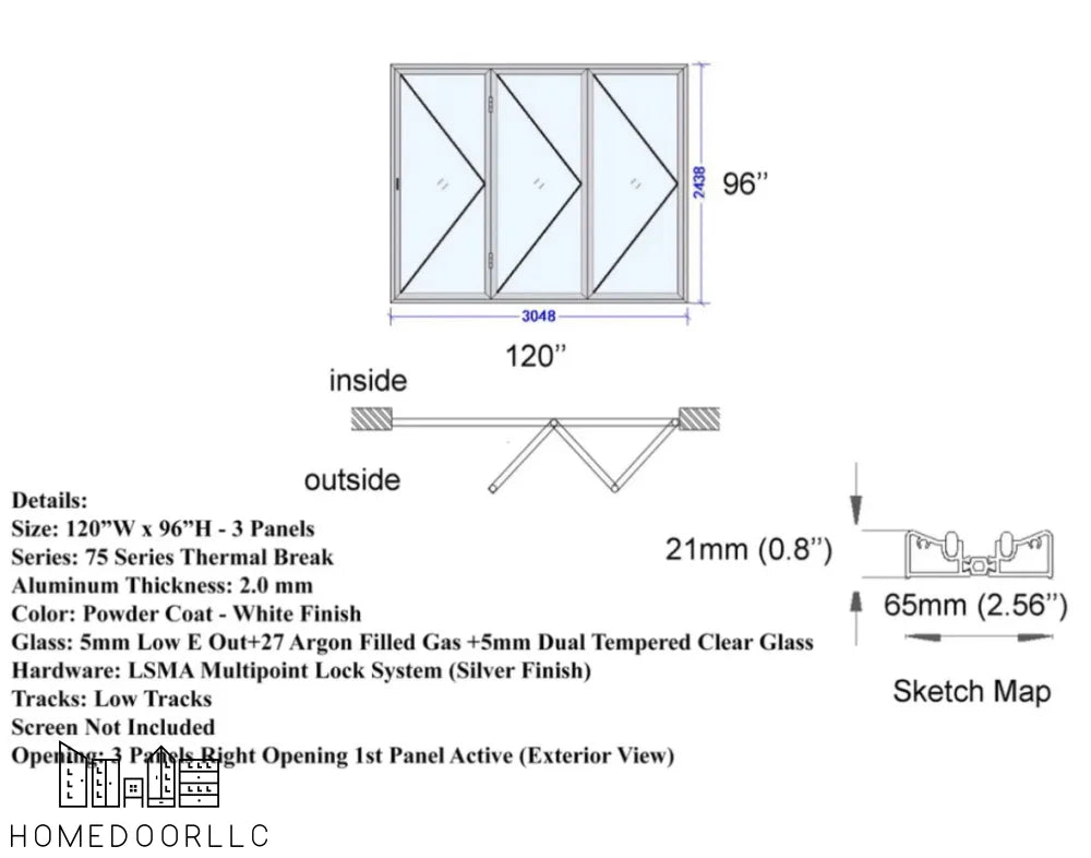 Aluminum Bifold Door 120″Wx96″H – OUT SWING FROM EXTERIOR VIEW Bifold