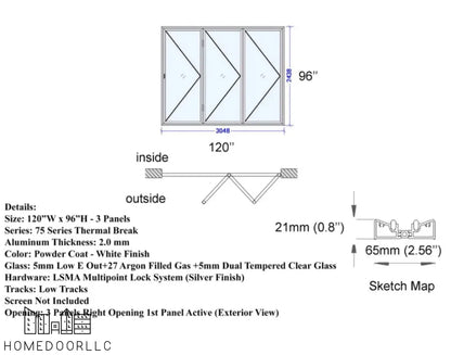 Aluminum Bifold Door 120″Wx96″H – OUT SWING FROM EXTERIOR VIEW Bifold