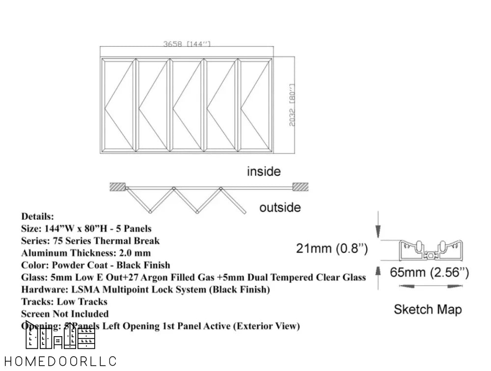 Aluminum Bifold Door 144″Wx80″H – OUT SWING FROM EXTERIOR VIEW Bifold
