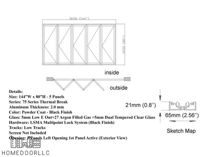 Aluminum Bifold Door 144″Wx80″H – OUT SWING FROM EXTERIOR VIEW Bifold