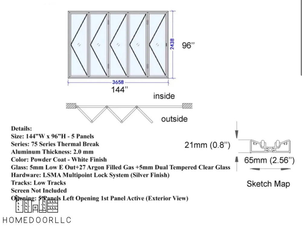 Aluminum Bifold Door 144″Wx96″H – OUT SWING FROM EXTERIOR VIEW Bifold
