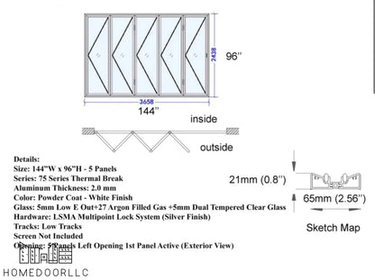 Aluminum Bifold Door 144″Wx96″H – OUT SWING FROM EXTERIOR VIEW Bifold