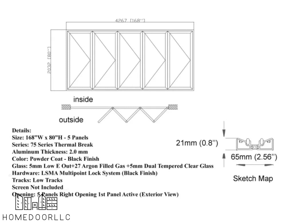 Aluminum Bifold Door 168″Wx80″H – OUT SWING FROM EXTERIOR VIEW Bifold