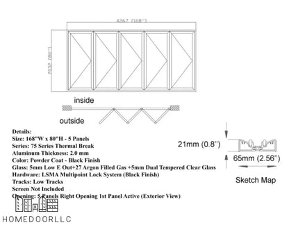 Aluminum Bifold Door 168″Wx80″H – OUT SWING FROM EXTERIOR VIEW Bifold