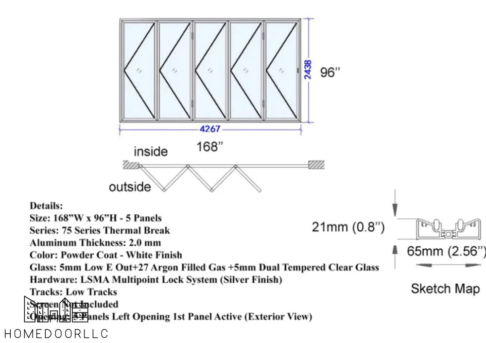 Aluminum Bifold Door 168″Wx96″H – OUT SWING FROM EXTERIOR VIEW Bifold
