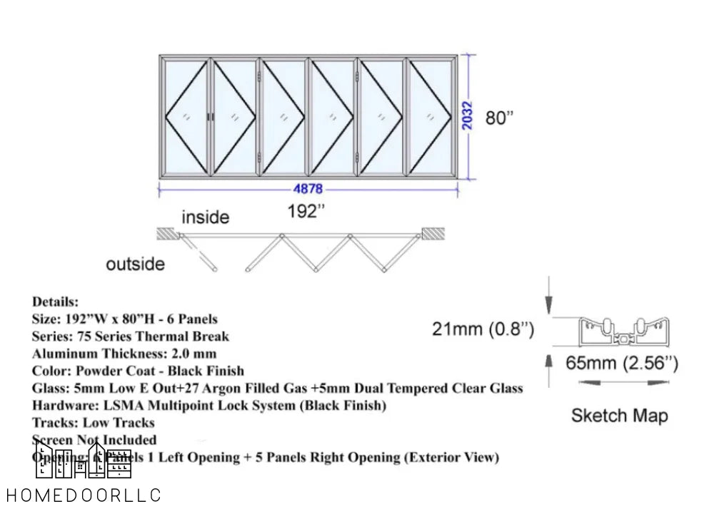 Aluminum Bifold Door 192″Wx80″H – OUT SWING FROM EXTERIOR VIEW Bifold
