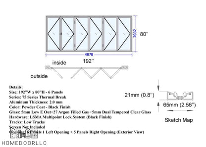 Aluminum Bifold Door 192″Wx80″H – OUT SWING FROM EXTERIOR VIEW Bifold