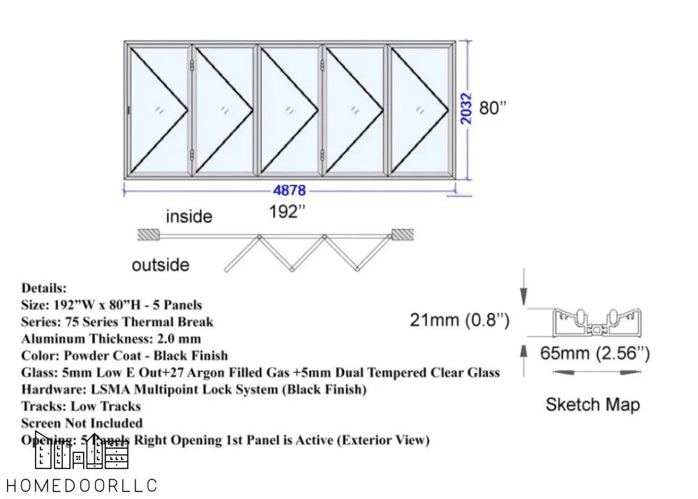 Aluminum Bifold Door 192″Wx80″H – OUT SWING FROM EXTERIOR VIEW Bifold