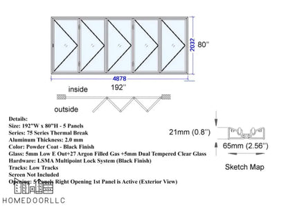Aluminum Bifold Door 192″Wx80″H – OUT SWING FROM EXTERIOR VIEW Bifold