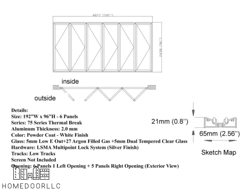 Aluminum Bifold Door 192″Wx96″H – OUT SWING FROM EXTERIOR VIEW Bifold