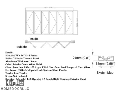 Aluminum Bifold Door 192″Wx96″H – OUT SWING FROM EXTERIOR VIEW Bifold