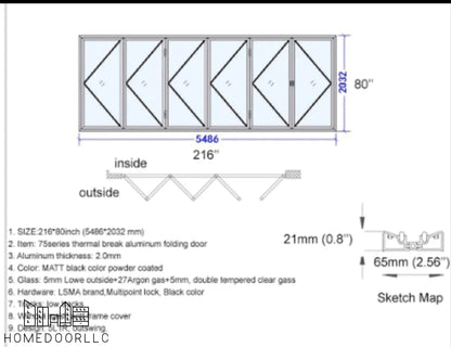 Aluminum Bifold Door 216″Wx80″H – OUT SWING FROM EXTERIOR VIEW Bifold