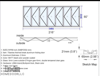 Aluminum Bifold Door 216″Wx80″H – OUT SWING FROM EXTERIOR VIEW Bifold
