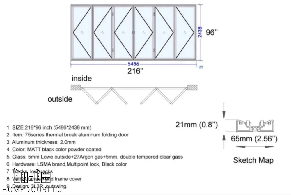Aluminum Bifold Door 216″Wx96″H – OUT SWING FROM EXTERIOR VIEW Bifold