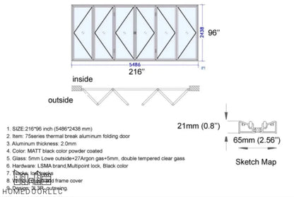 Aluminum Bifold Door 216″Wx96″H – OUT SWING FROM EXTERIOR VIEW Bifold
