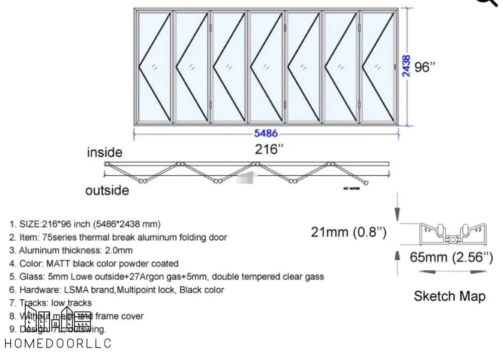 Aluminum Bifold Door 216″Wx96″H – OUT SWING FROM EXTERIOR VIEW Bifold