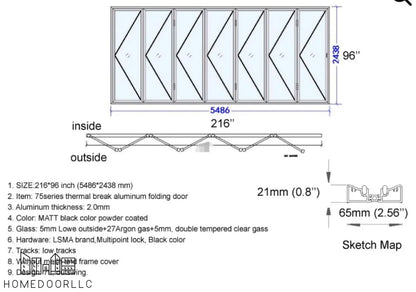 Aluminum Bifold Door 216″Wx96″H – OUT SWING FROM EXTERIOR VIEW Bifold