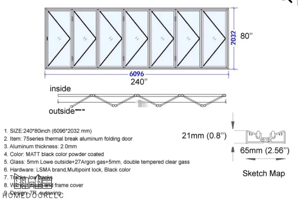 Aluminum Bifold Door 240″Wx80″H – OUT SWING FROM EXTERIOR VIEW Bifold