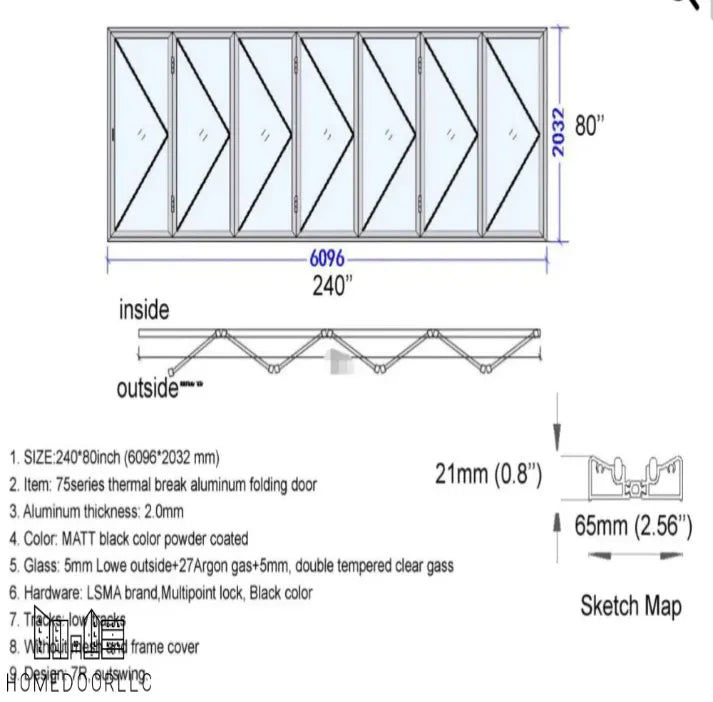 Aluminum Bifold Door 240″Wx80″H – OUT SWING FROM EXTERIOR VIEW