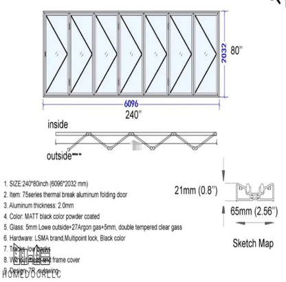 Aluminum Bifold Door 240″Wx80″H – OUT SWING FROM EXTERIOR VIEW