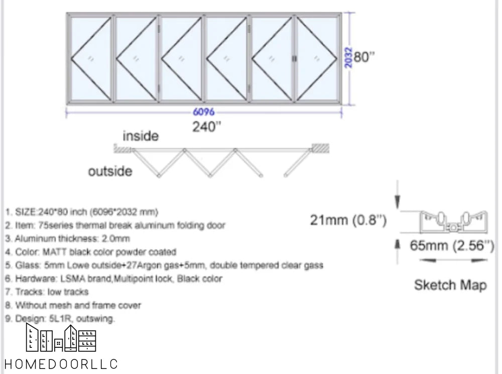 Aluminum Bifold Door 240″Wx80″H – OUT SWING FROM EXTERIOR VIEW Bifold