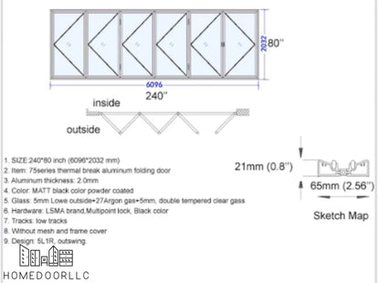 Aluminum Bifold Door 240″Wx80″H – OUT SWING FROM EXTERIOR VIEW Bifold