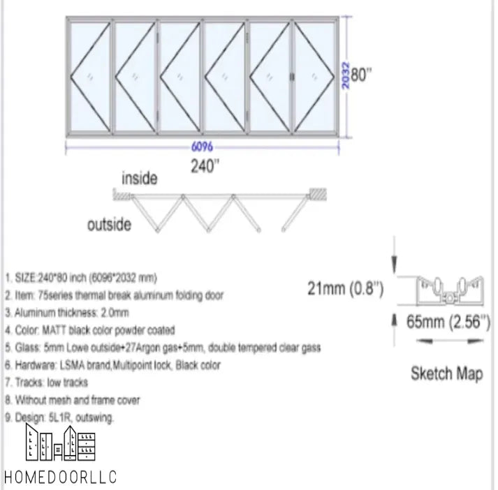 Aluminum Bifold Door 240″Wx80″H – OUT SWING FROM EXTERIOR VIEW