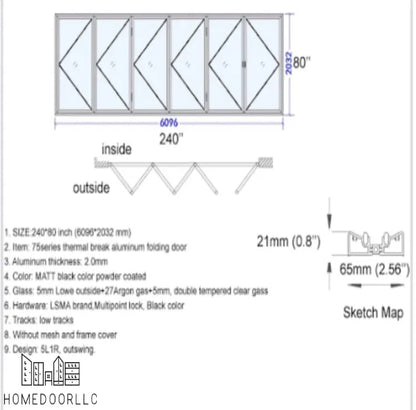 Aluminum Bifold Door 240″Wx80″H – OUT SWING FROM EXTERIOR VIEW