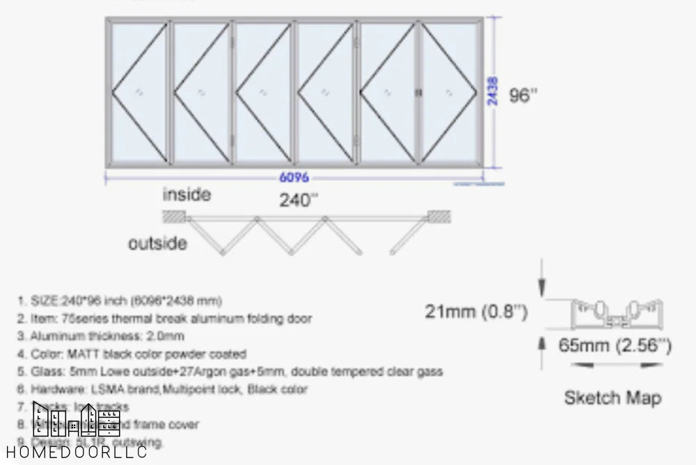 Aluminum Bifold Door 240″Wx96″H – OUT SWING FROM EXTERIOR VIEW Bifold