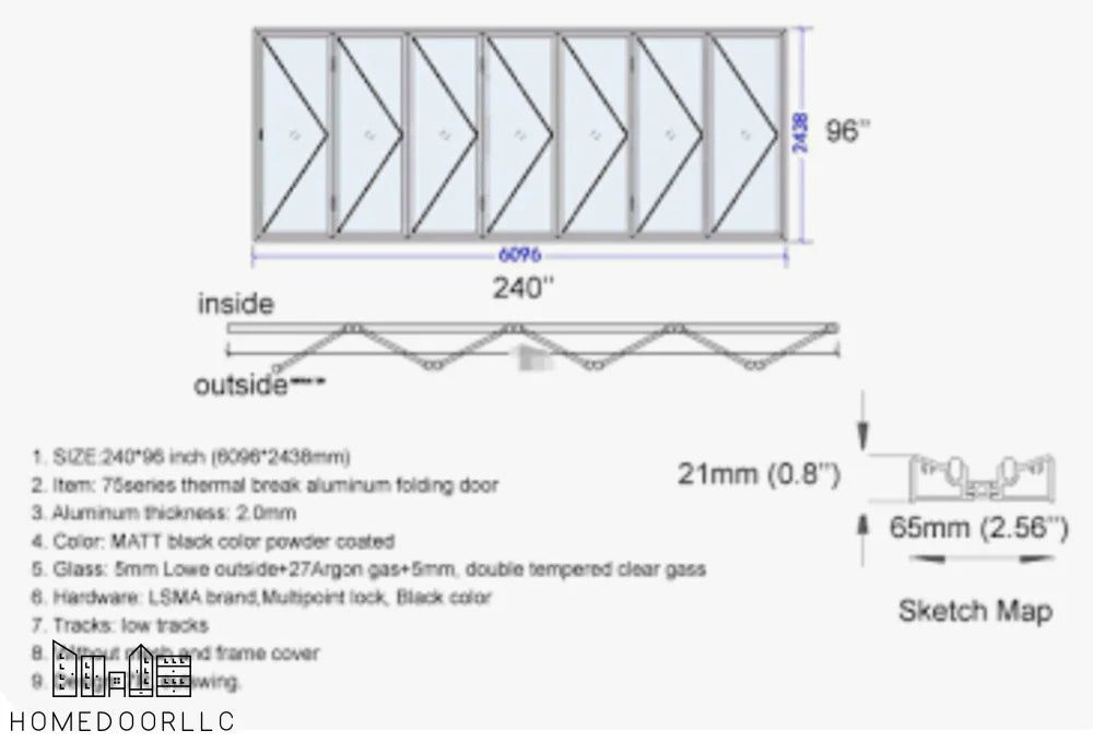 Aluminum Bifold Door 240″Wx96″H – OUT SWING FROM EXTERIOR VIEW Bifold