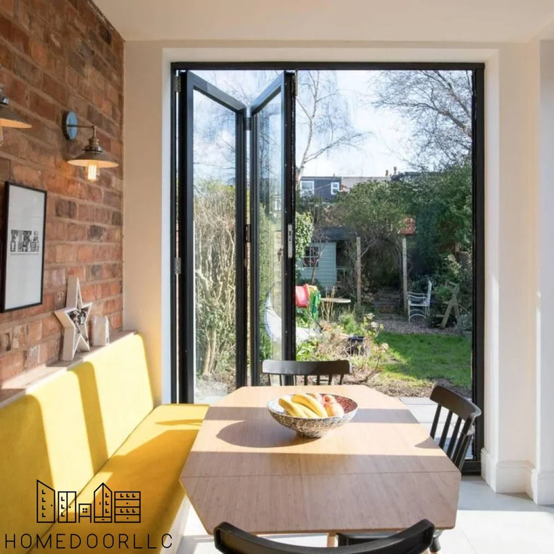 Aluminum bifold door 60x80 inch, out-swing design viewed from exterior, modern aluminum folding door