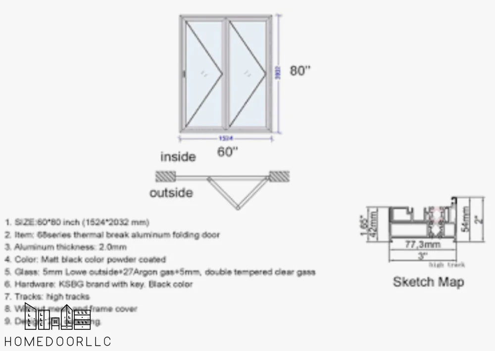 Aluminum Bifold Door 60″Wx80″H – OUT SWING FROM EXTERIOR VIEW Bifold
