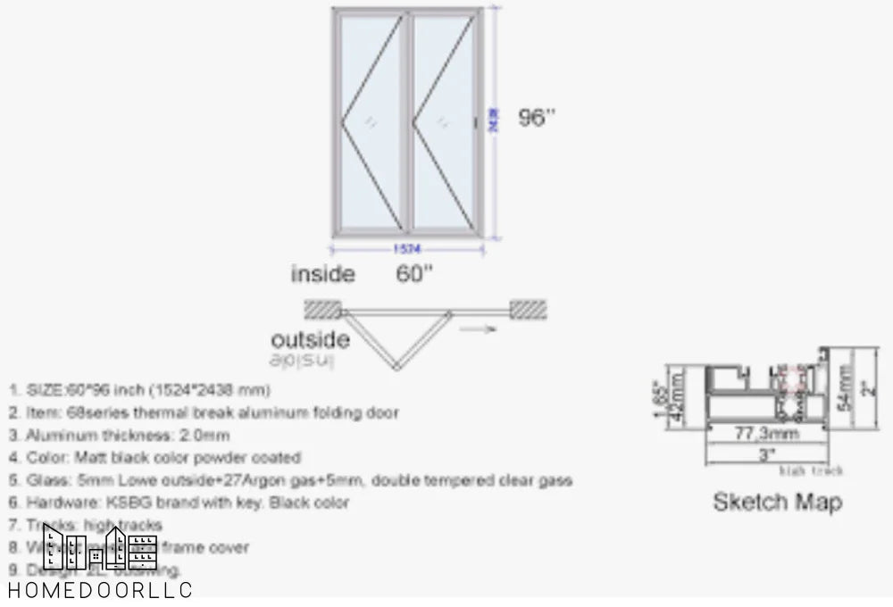 Aluminum Bifold Door 60″Wx96″H – OUT SWING FROM EXTERIOR VIEW Bifold