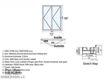 Aluminum Bifold Door 72″Wx96″H – OUT SWING FROM EXTERIOR VIEW Bifold