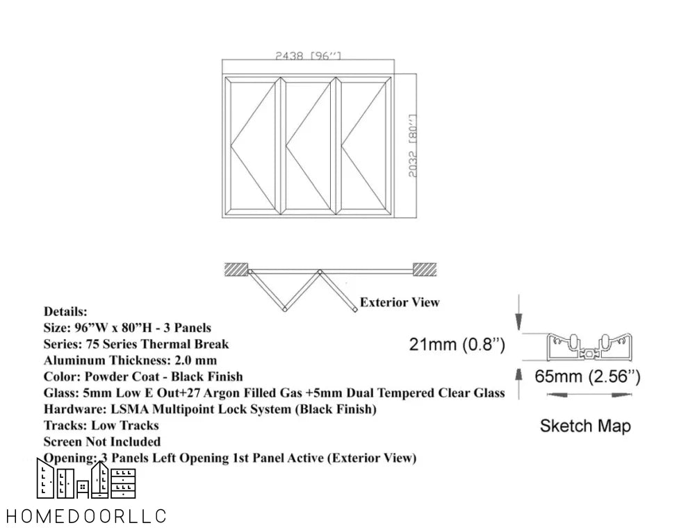 Aluminum Bifold Door 96″Wx80″H – OUT SWING FROM EXTERIOR VIEW Bifold